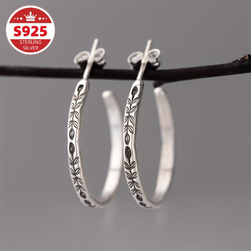 TEMU S925 Sterling Silvery Fashionable Circle Earrings, Bohemian Style Women's Retro Plant Earrings, Elegant Earrings For Women, A Must-have For, For Valentine's Day, , And Carnival