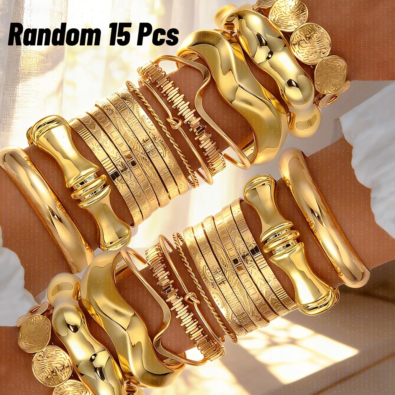 TEMU Random 15pcs Vintage Minimalist Open-style Bracelet Set Featuring Irregular Geometric Wide-band Metal Bracelets Ideal For Ladies' Everyday Wear, Holiday , And Festive Gifting