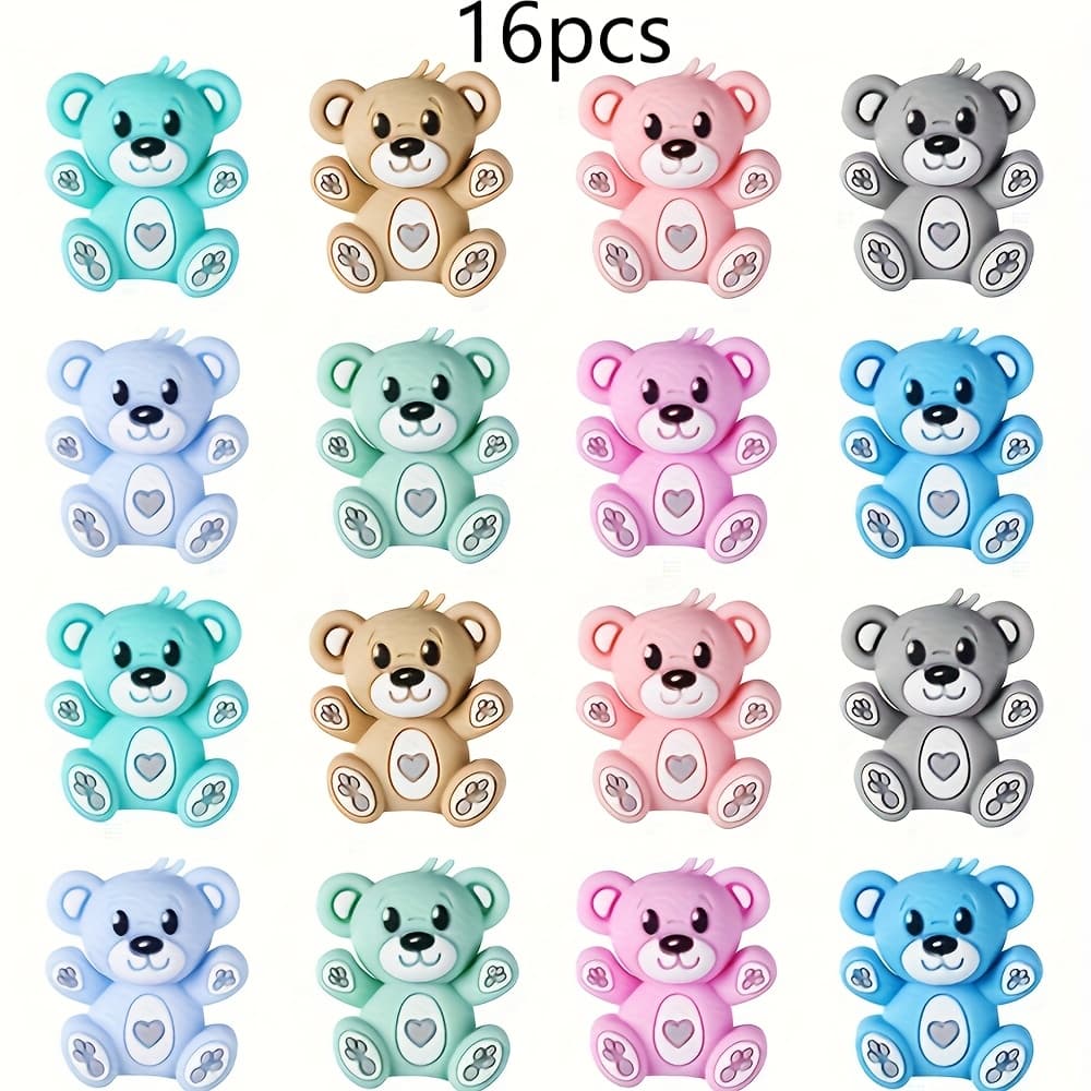 TEMU 8/16pcs 1 3d Cute Bear Shaped Silicone Beads, Colors, Making, Necklace, Keychain, Bracelet, Pen Beads Accessories, Handmade Finish