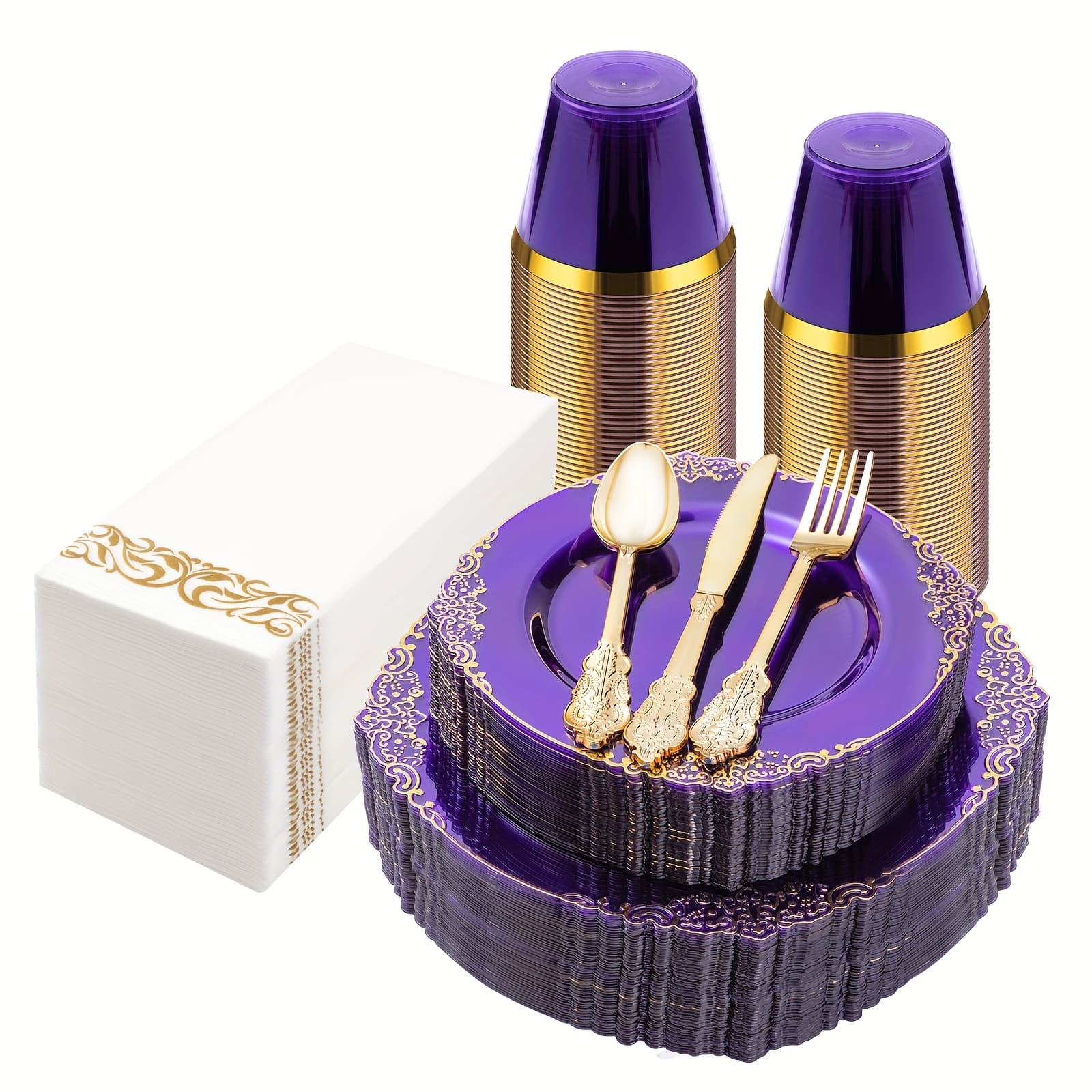 TEMU 175pcs Clear Purple Plastic Plates For 25 Guests, Disposable Plates With 25 Dinner Plates, 25 Dessert Plates, 75 Golden Silverware, 25 Cups, 25 Napkins For Party, Wedding