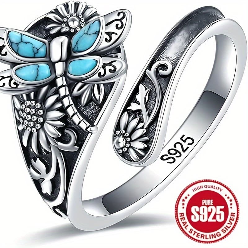TEMU Women's Wrapped Ring With S925 Silver Retro Bohemian Turquoise Dragonfly Sunflower, Christmas/ Birthday Gift, Best For Christmas