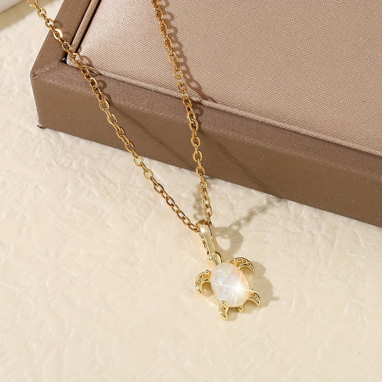 TEMU 1pc Of Luxurious Temperament Copper Inlaid Synthetic Opal Pendant Turtle Necklace Retro Cute Women's Vacation Marine Animal Clavicle Chain Dating Gift