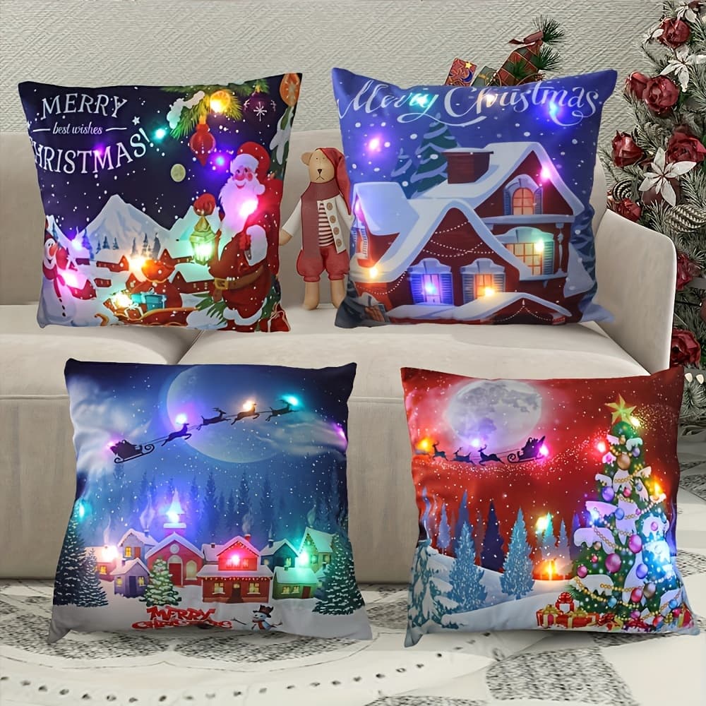 TEMU Set Of 4 Glowing Santa Claus Christmas Pillow Covers - Vibrant Led Cushion Cases For Holiday Decor, Perfect For Sofa, Bedroom, Or Living Room, Unique Gift Idea, Pillow Inserts Not Included