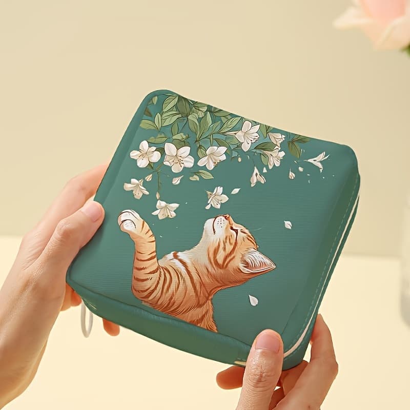 TEMU Portable And Large Capacity Sanitary Napkin Storage Bag With Cat Flower Pattern, Candy And Miscellaneous Storage Bag, Lightweight Multifunctional Bag