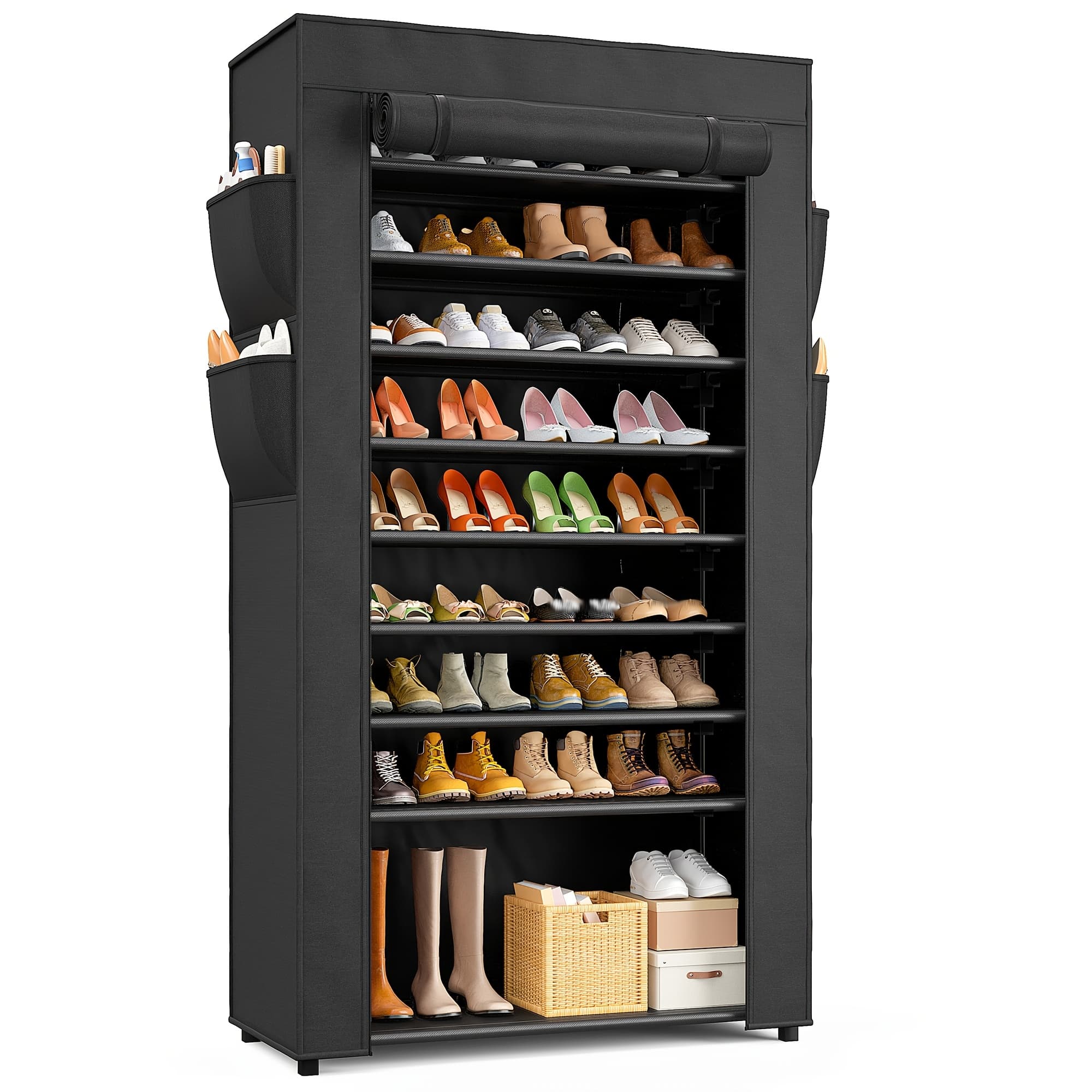 TEMU 9 Tier Shoe Rack With Covers, Large Capacity Stackable Tall Shoe Shelf Storage To 50-55 Pairs Shoes And Boots Sturdy Metal Free Standing Shoe Rack Organizer For Closet Entryway Garage