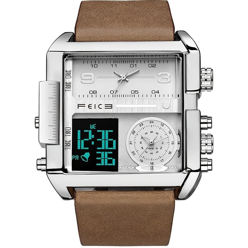 TEMU Men's Watch Digital Led Quartz Watch 50mm Large Dial Square Men's Watch Multifunctional Sports Men's Watch Luminous Alarm Clock Timer 24h Calendar Cowhide Strap Men's Gift Fk030