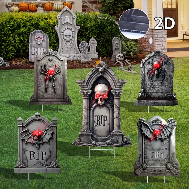 TEMU 5 Pack Tombstone Halloween Decorations Plastic Yard Signs With Stakes, Halloween Decorations Outdoor, Scary Silhouette With Glow In For Outdoor Yard Lawn Garden Halloween Decor