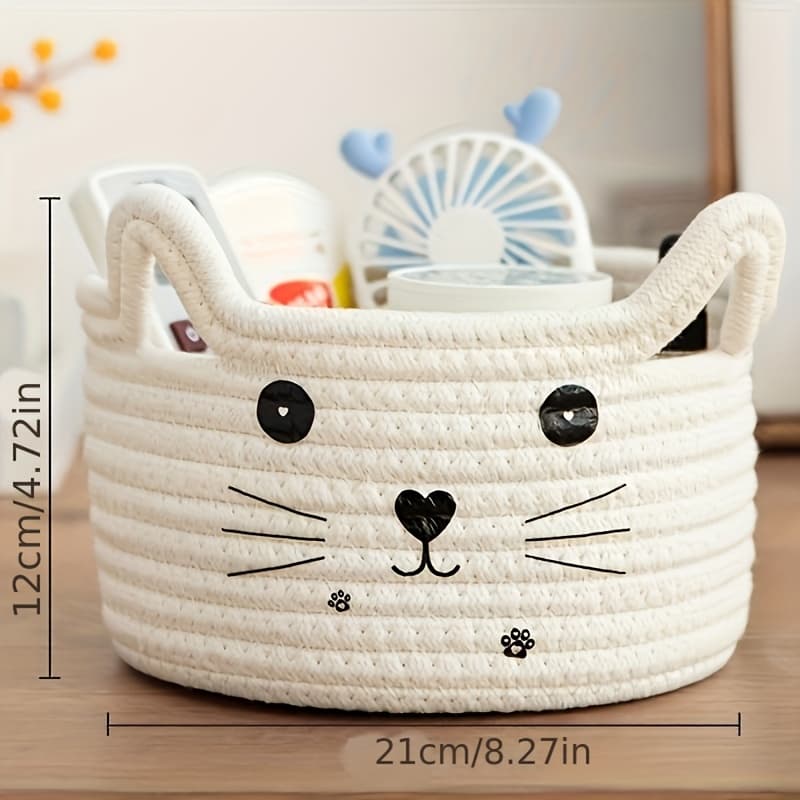 TEMU Cat Face Storage Basket - Woven Cotton, Space Saving Organizer For Dorm, Bedroom & Office - Versatile Desktop Sorter For Everyday Use, Shelf Baskets