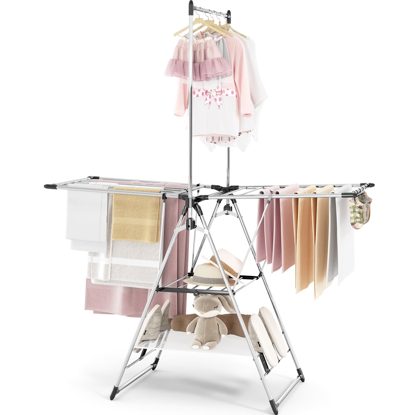 TEMU Toolf Clothes Drying Rack With High Hanger, Foldable 3-level Drying Racks With Shoe Rack, And Vertical Rod Laundry Stand With Adjustable Wings, Drying Racks
