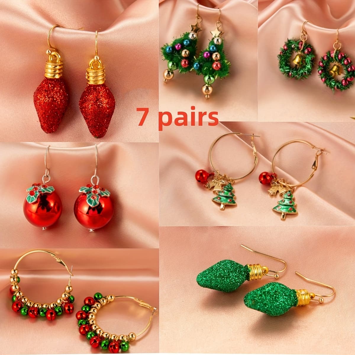 TEMU 7 Pairs Bell Pomegranate Pine Colorful Christmas Light Pendant Design Dangle Earrings For Women, Perfect Gifts For Winter Festival, Accessories