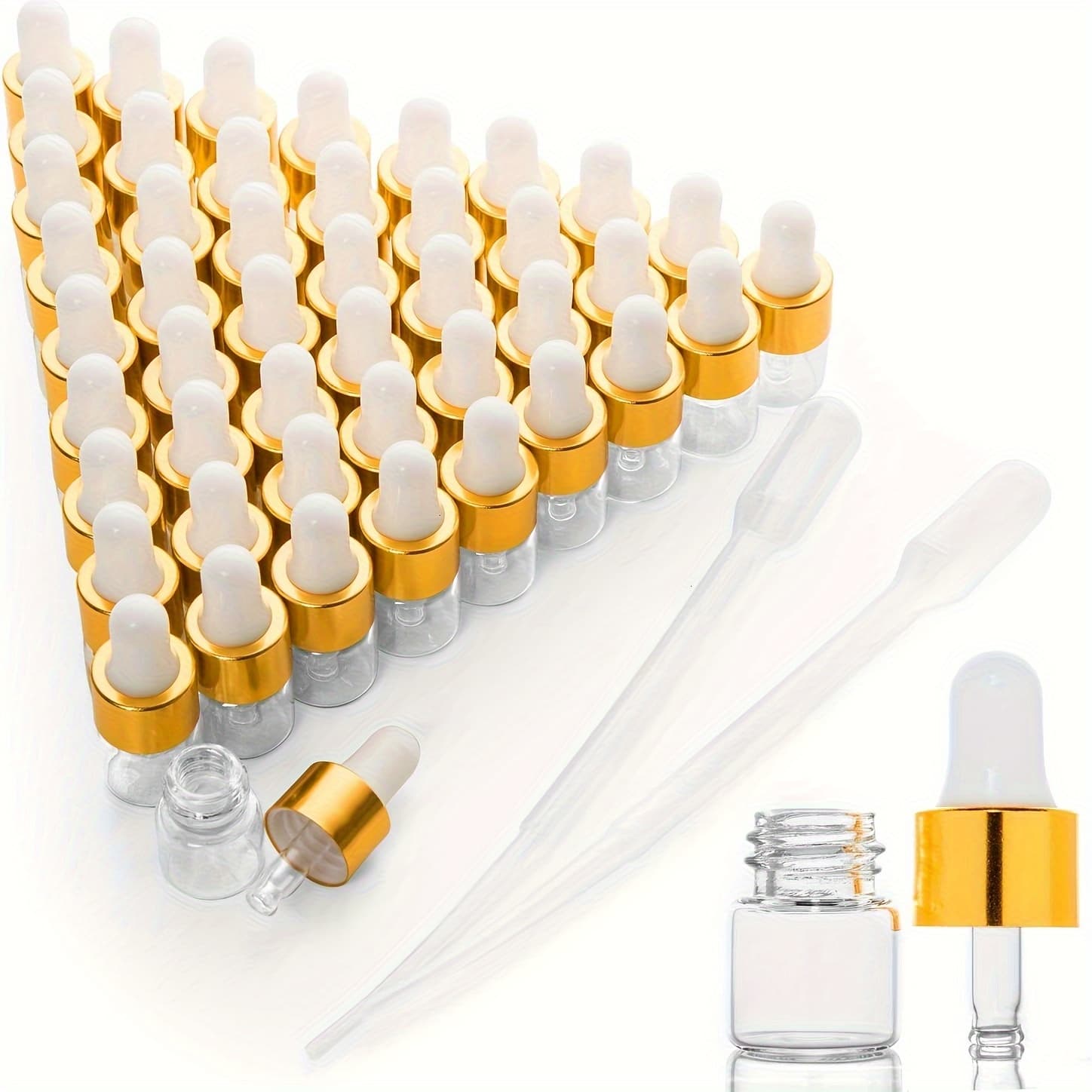 TEMU 50pcs Mini Clear Glass Dropper Bottles, 1ml (1/4 ) - Essential Oil & Perfume Vials With Pipettes For Travel & Samples, Includes 2 Droppers, Eye Dropper, Liquid Container