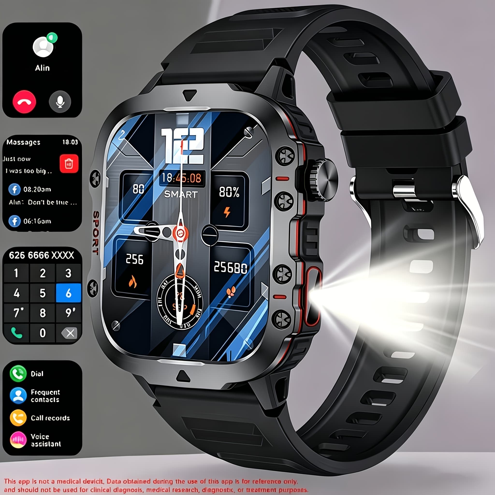 TEMU 2.01in Outdoor Smart Watch Led Flashlight Sport Data Monitor Altimeter Barometer Fitness For Iphone