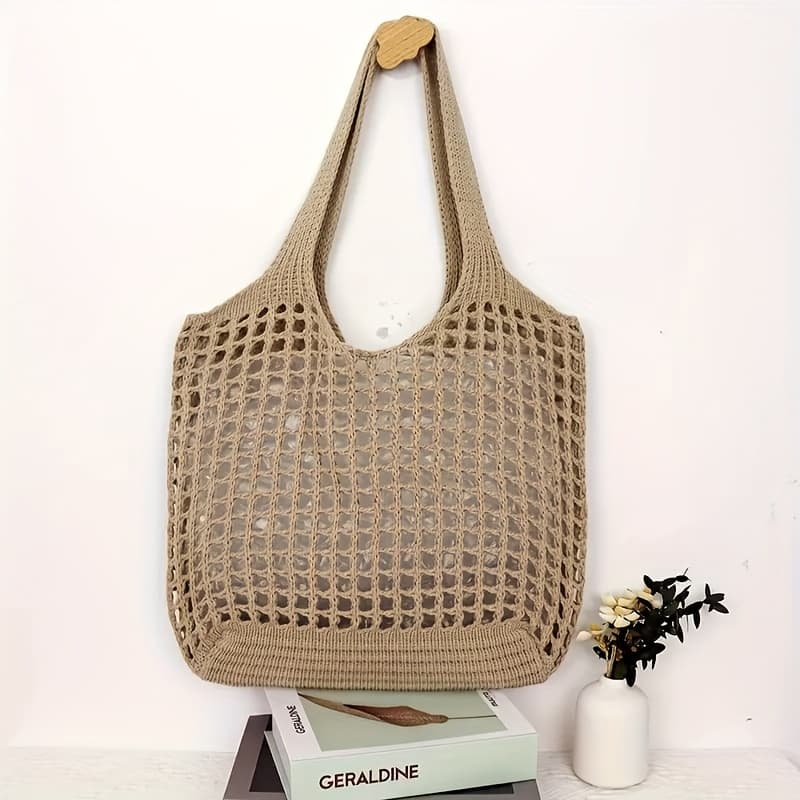 TEMU Women's Crochet Tote Bag Large Capacity Hollow Knitted Shopping Bag Fixed Shoulder Strap Unlined Blue Khaki 4 Colors Use