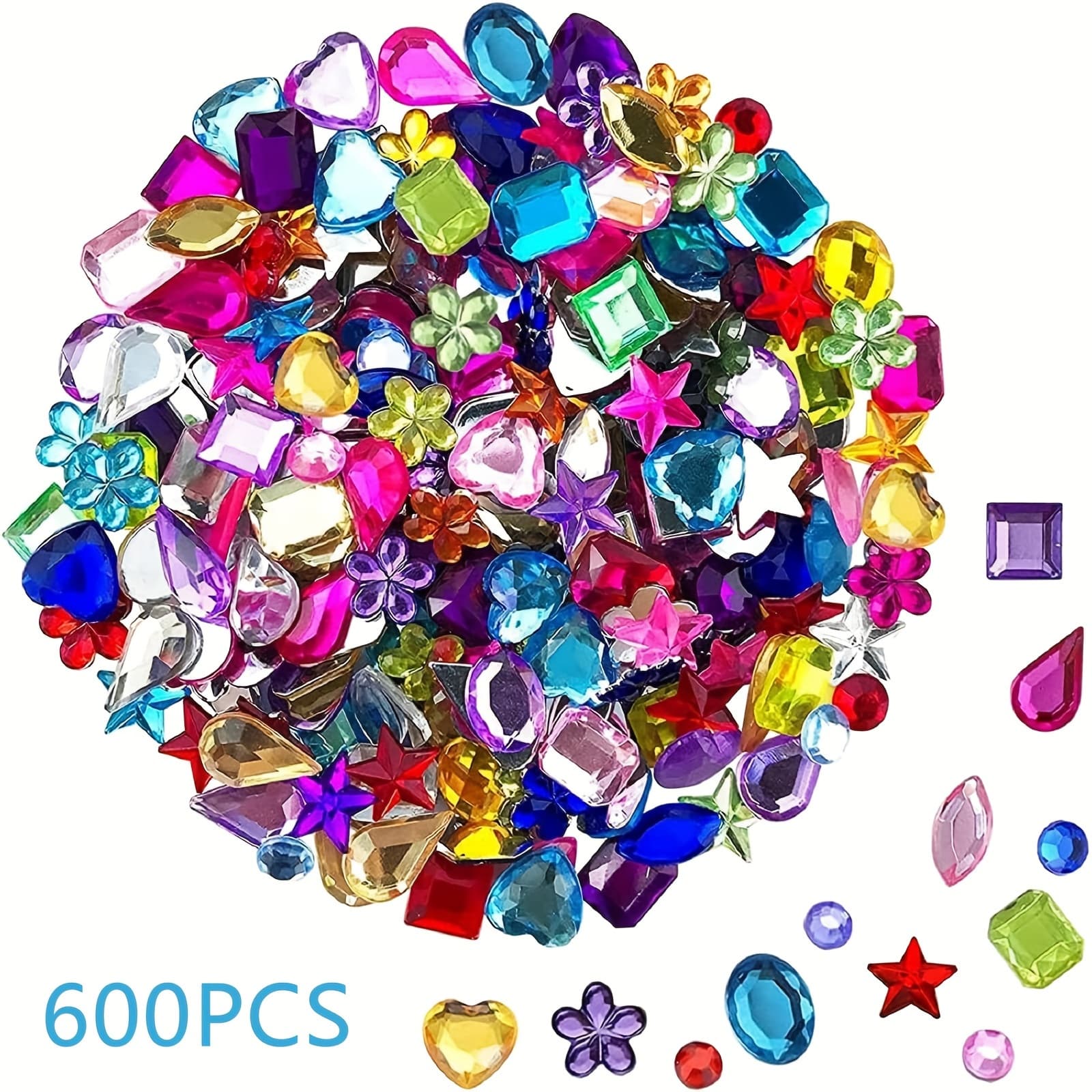 TEMU 600pcs Craft Gems, Acrylic Flatback Rhinestones, For Craft Decoration Gems, Greeting Card Embellishments, 6 Shapes, 6-13mm