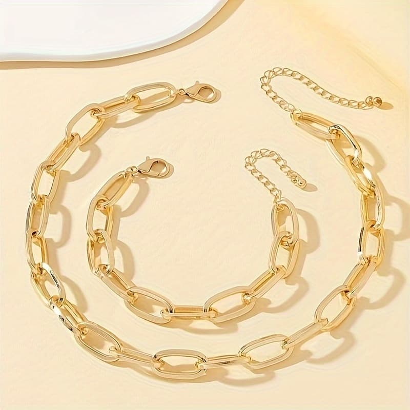 TEMU 2pcs (necklace+bracelet) Elegant Women's Casual Versatile Golden Stainless Steel Bracelet Necklace Set