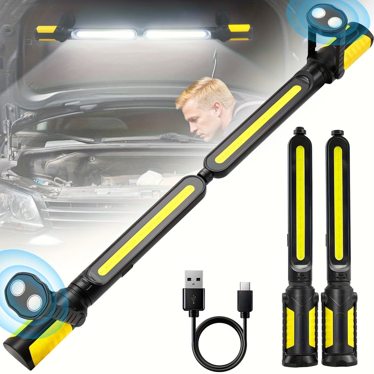 TEMU Rechargeable Led Work Light, With Magnets & Hooks, 2400lm Bright Cob Light, Red/ , For Basement, Construction Site, Workbench, Workshop, Diy Projects