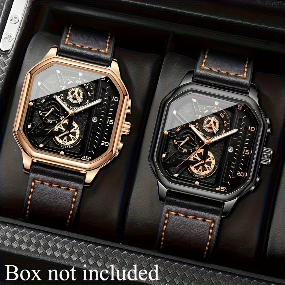 TEMU 2pcs Luxury Men's Faux Leather Strap Quartz Watch Set With Calendar - Perfect Gift For School, Graduation, Or Any Occasion - Faux Leather Strap, Non-waterproof, Display, Alloy Case