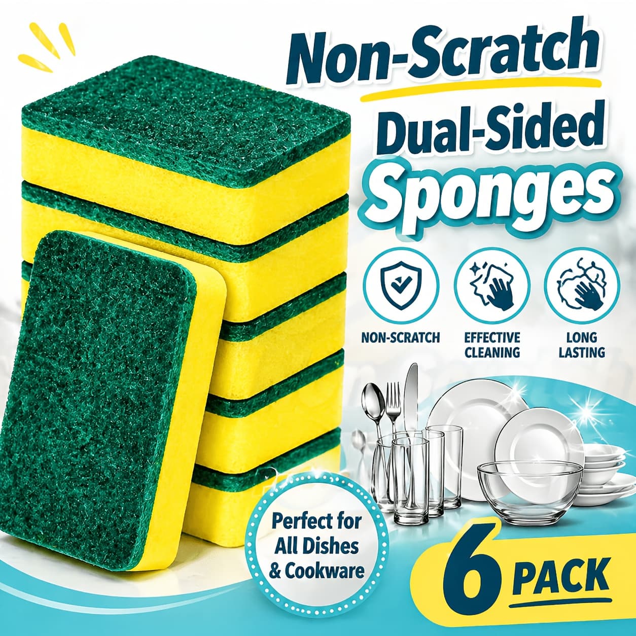 TEMU Sponges Kitchen Scrub Dish Sponge Scouring Pad, 6 Pack Cleaning Brush Scrubber Supplies For Soap, Dishwashing Dinnerware Sets Pan Pot Towels Cloth Rags Holder Glass Dishwasher Sink Bathroom