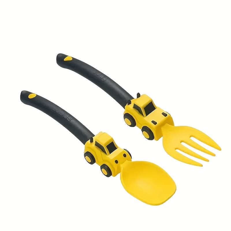TEMU Children's Cartoon Construction Vehicle-shaped Fork And Spoon Set, Designed For Babies, With And Spoon Each Shaped Like Cute In Bright Colors. It Babies Eat And Is A Fun Supplementary Tableware