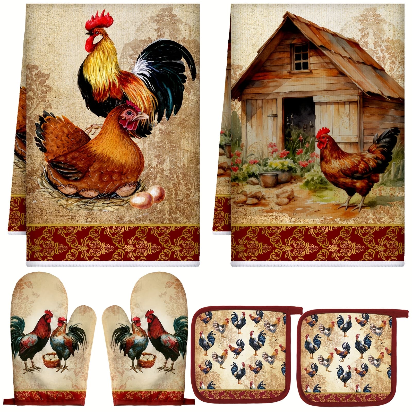 TEMU Of 6 Oven Mitts And Featuring A Farmhouse , Along With Absorbent Kitchen Towels Suitable For Cooking, Baking, And Grilling (, Rooster)