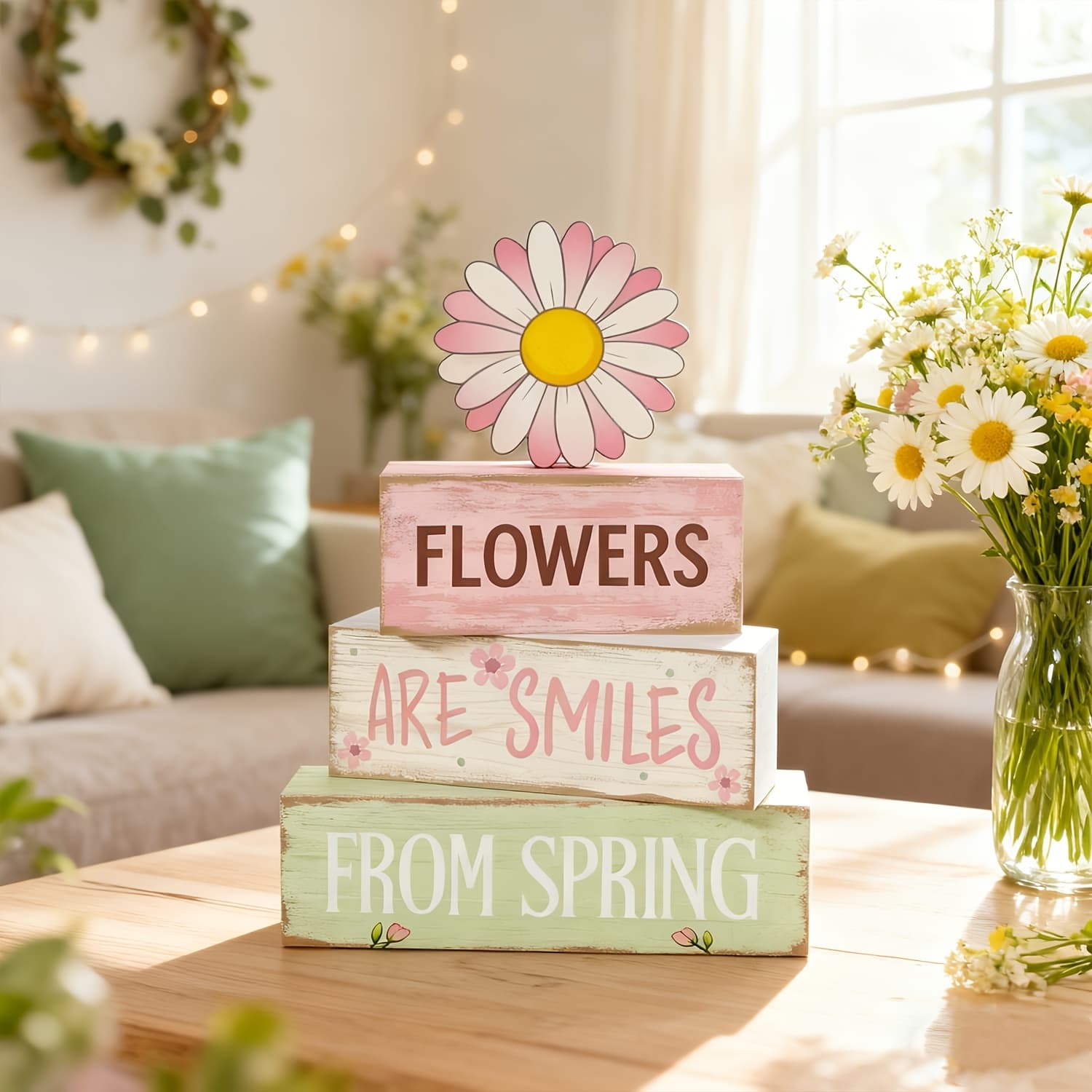TEMU 4pcs Spring Party Table Centerpieces | Durable Wooden Decorations With Daisy Sign, Perfect For Tables, , Windowsills, Room, Tiered Tray Decor, Indoor/outdoor Decor, Holiday , A Spring Atmosphere