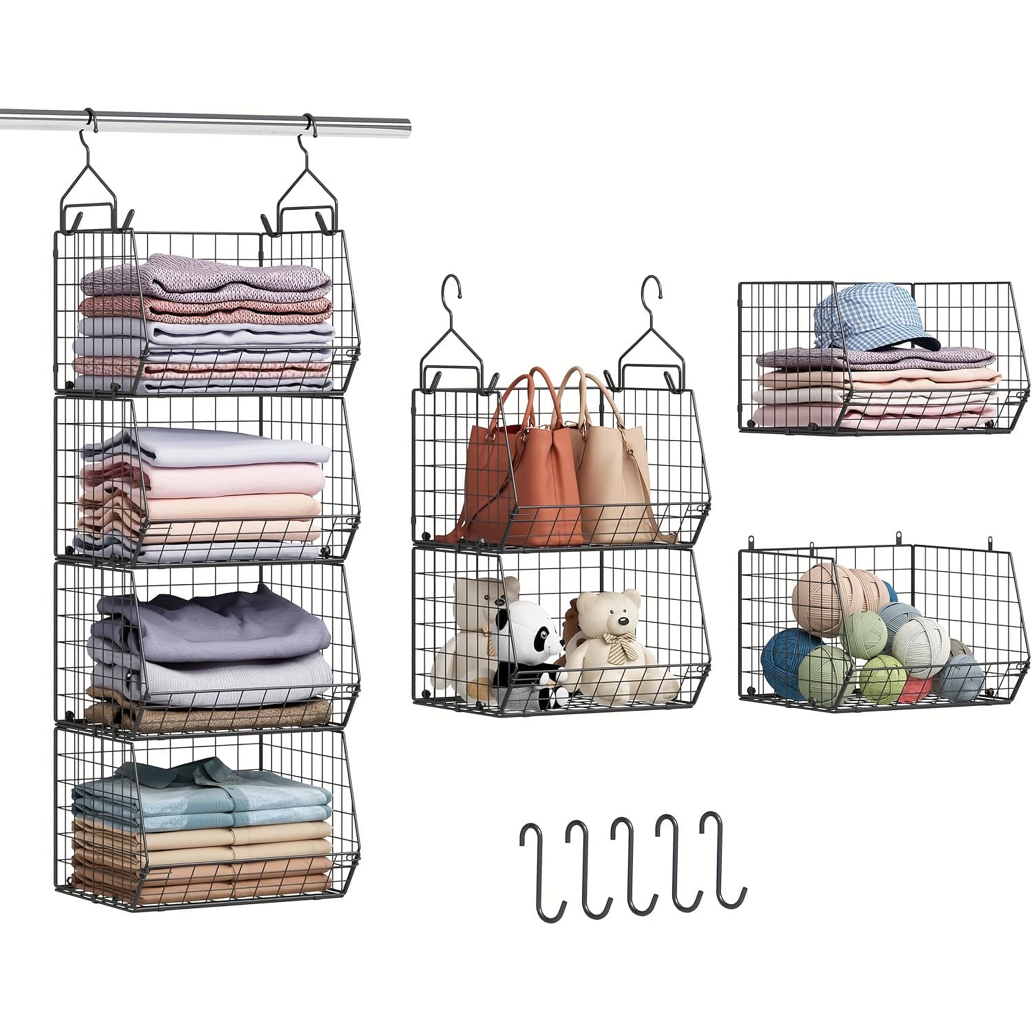 TEMU 4-tier Closet Hanging Organizer, Closet Organizers And Storage With 5 S Hooks, Closet Hanging Shelves And Freestanding Wire Storage Basket Bins, Storage And , Closet Organization Systems