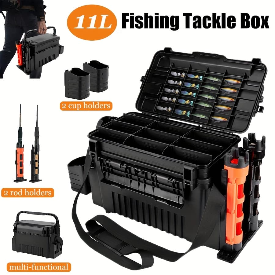 TEMU 2.91gal Fishing Tackle Box With 2 Rod Holders And 2 Cup Holders, Large Dual-layer Abs Storage Case For Outdoor Fishing
