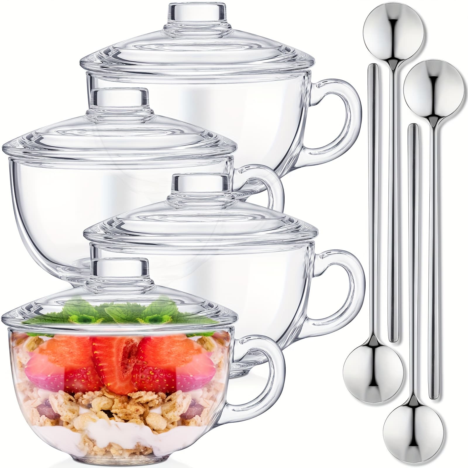 TEMU Set Of 4 Glass Cereal Bowls Microwave Safe Glass Soup Bowls With Handle And Spoon Clear Oatmeal Glassware Mixing Ramen Pot Coffee Mugs With Lids Milk Breakfast Mug For Yogurt 20 Oz/ 600 Ml