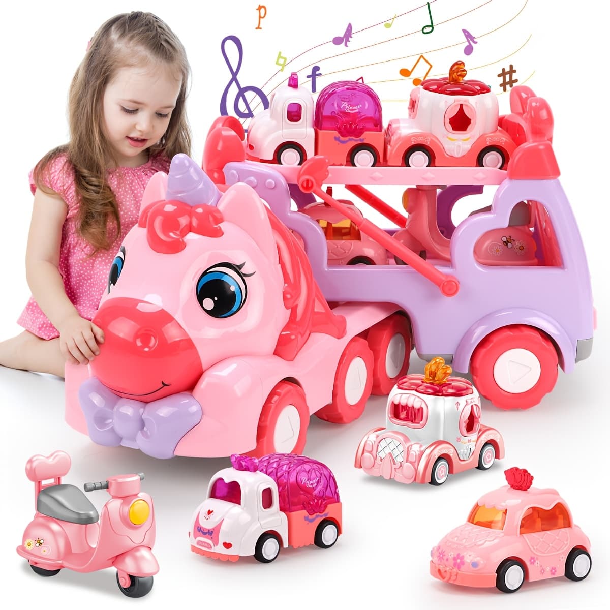 TEMU Kids Carrier Truck Toys With 4 | Pink, Music Light, Battery Powered, Pull-back Operation, Non-rechargeable Aa Batteries, Ideal For Boys And Girls, Gift