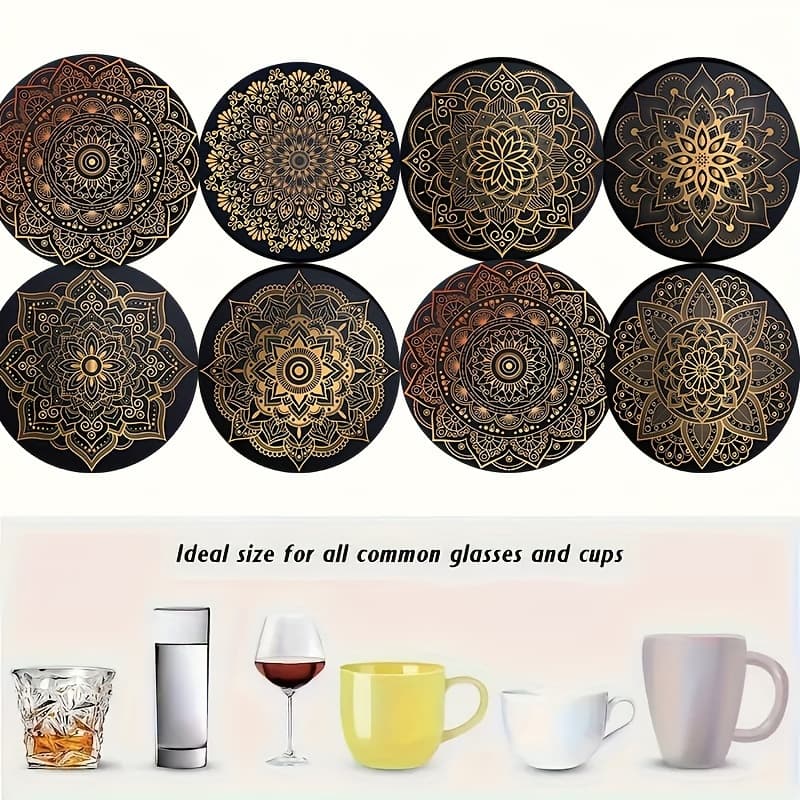 TEMU 8pcs Mandala Flower Wooden Coasters Set - Hand Washable, Heat-resistant Table Protector With Non-slip Design For Drinks - Ideal For Christmas, Home And Office Decor, Themed Parties
