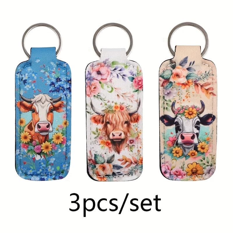 TEMU Set Of 3 Sunflower Neoprene Lip Balm Holders With Keychain, Elastic Lipstick Pouch, Travel Accessory Bag, Car Key Decoration, Portable Pocket Lip Gloss Case, For Men And Women