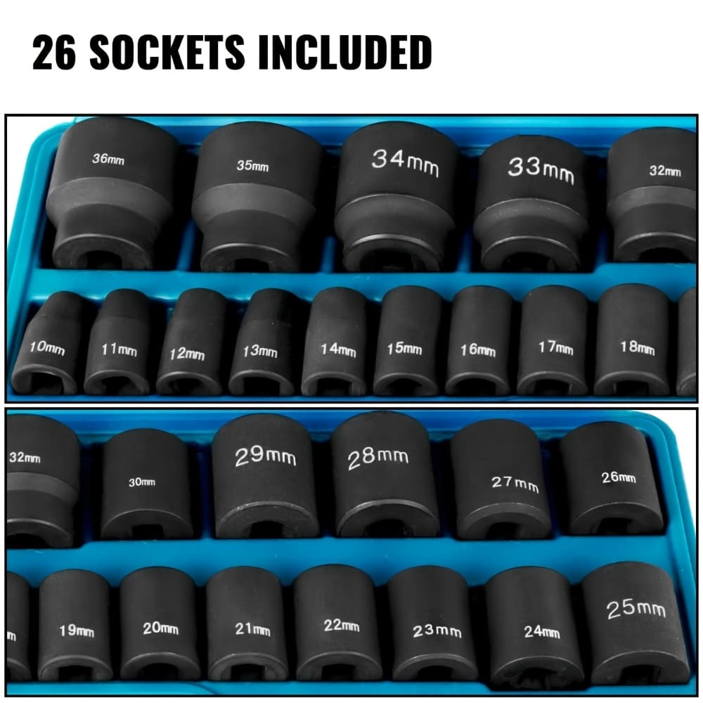 TEMU 1 Set -1/2-inch Drive Impact Socket Set: 26pcs Of 6-point Sockets (10mm - 36mm) With Sturdy Storage Cage