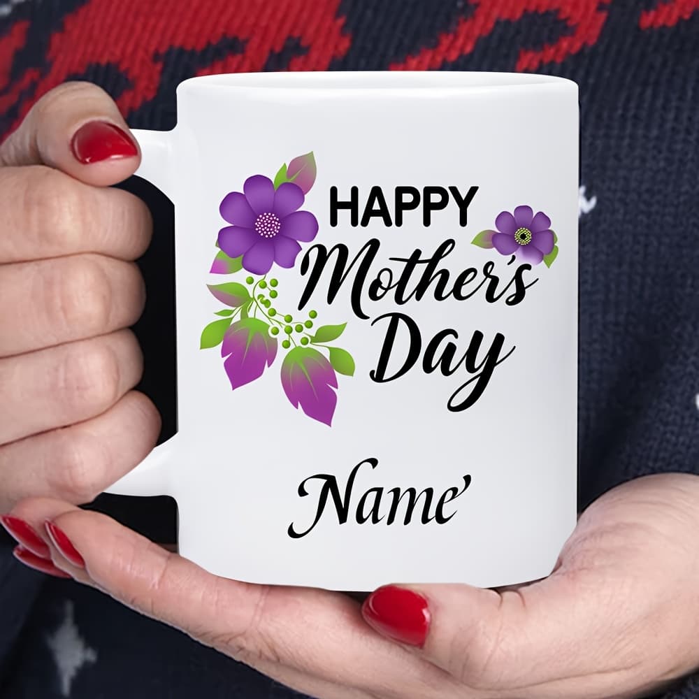 TEMU 1pc Personalized White Ceramic Mug With Name/text - Purple Floral Suitable For Hot/cold Drinks, Dishwasher Safe Coffee Cup, Elegant Gift For , Birthdays, , For, Office, - Add Your Own Text/name