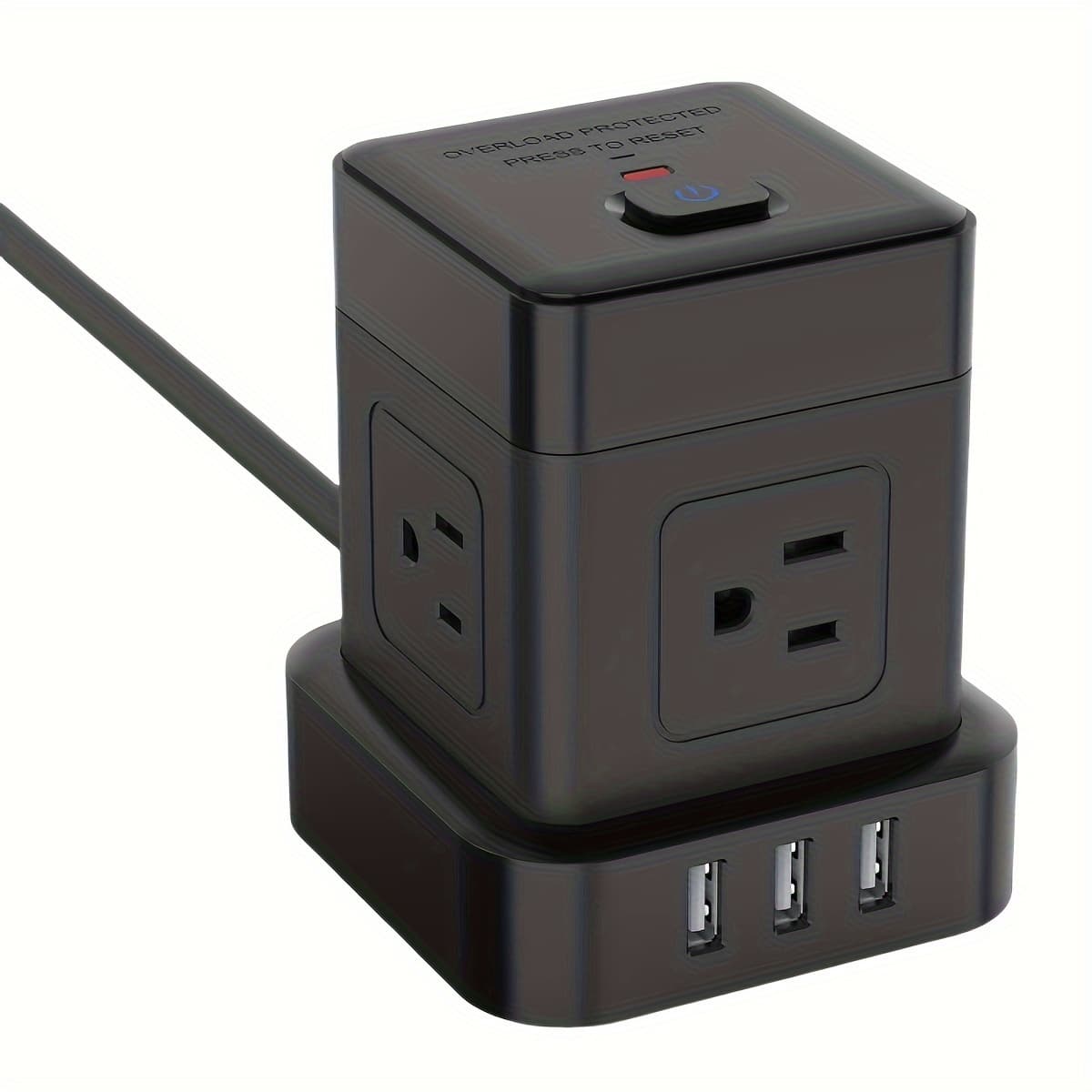 TEMU Mscien Us Plug Cube Power Strip With 4 Outlets And 3 Usb Ports, Surge Protector 5ft Extension Cord Switch Desktop Charging Station, Black Extension Socket For Home Office Dorm Hotel Travel, 1250w