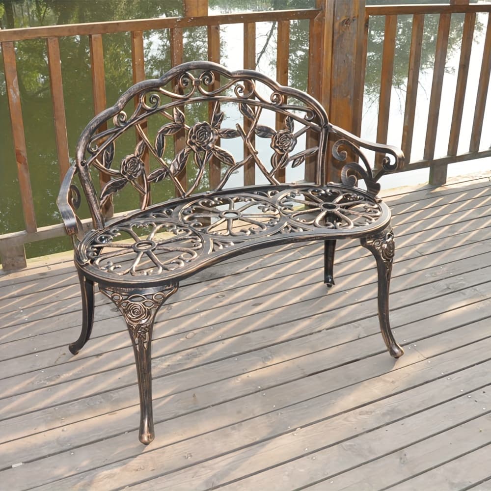 TEMU 38.5in Rose-shaped Outdoor Aluminum Patio Bench With Carved Curved Legs, Suitable For Patios, Courtyards, And Gardens