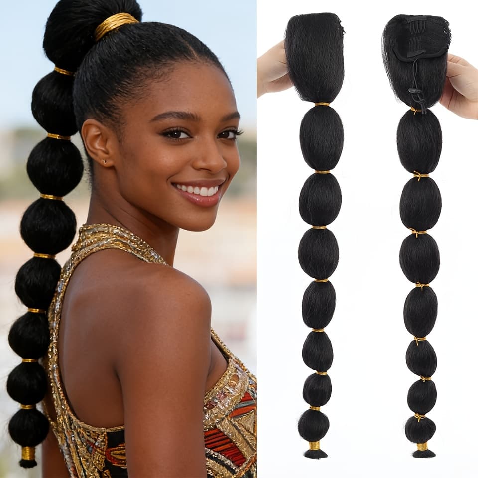 TEMU Synthetic Long Afro Puff Straight Lantern Braid Bubble Ponytails Extension Drawstring Clip In Hairpiece For Daily Use