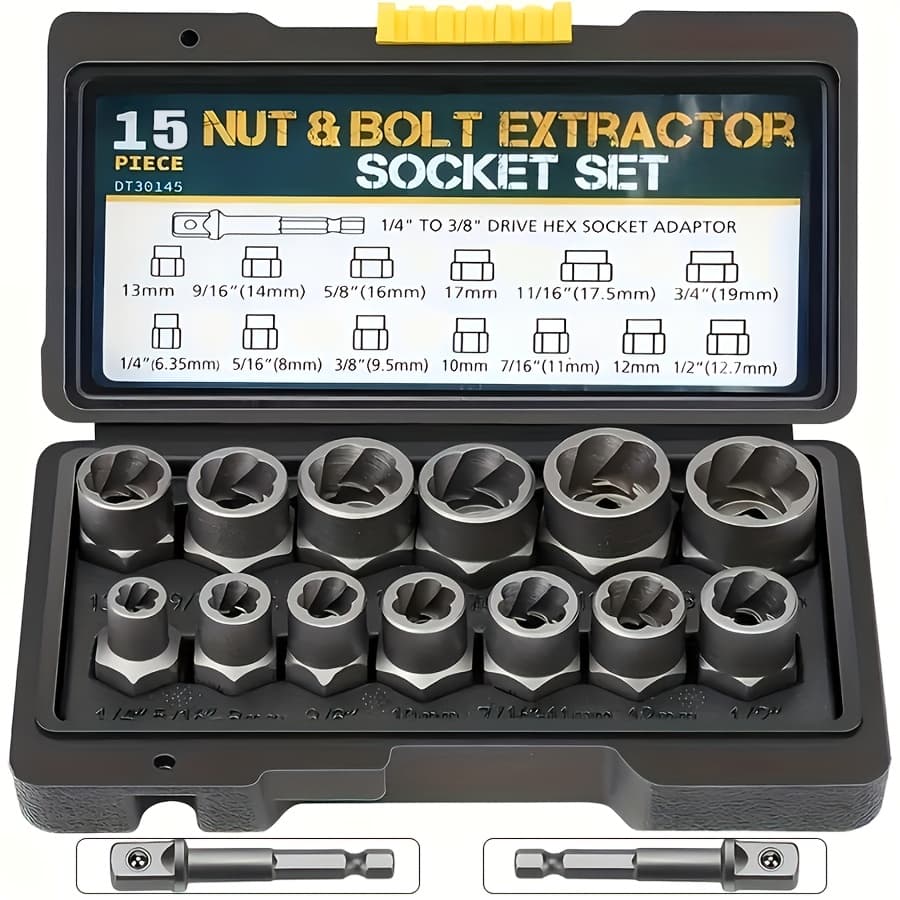 TEMU 15pcs Set Of Nut Extractors, And Nut Removers, A Bar ( To The Nut If It Remains Stuck In The Sleeve During Removal), And A 1/4'' To 3/8'' Drive Hex Socket Adapter