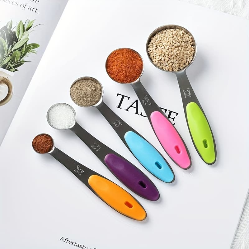 TEMU 5pcs Set Of Stainless Steel Measuring Cups And Measuring Spoon Suit With Silicone Handle-perfect For Cooking And Baking