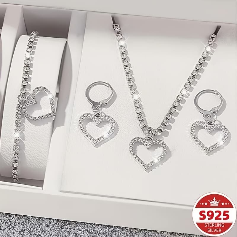 TEMU 4pcs Set, Fashionable Heart-shaped 925 Sterling Silvery Series, With Easy And Elegant Design. Suitable For All , Perfect For Daily Wear And Celebrations. An Gift For