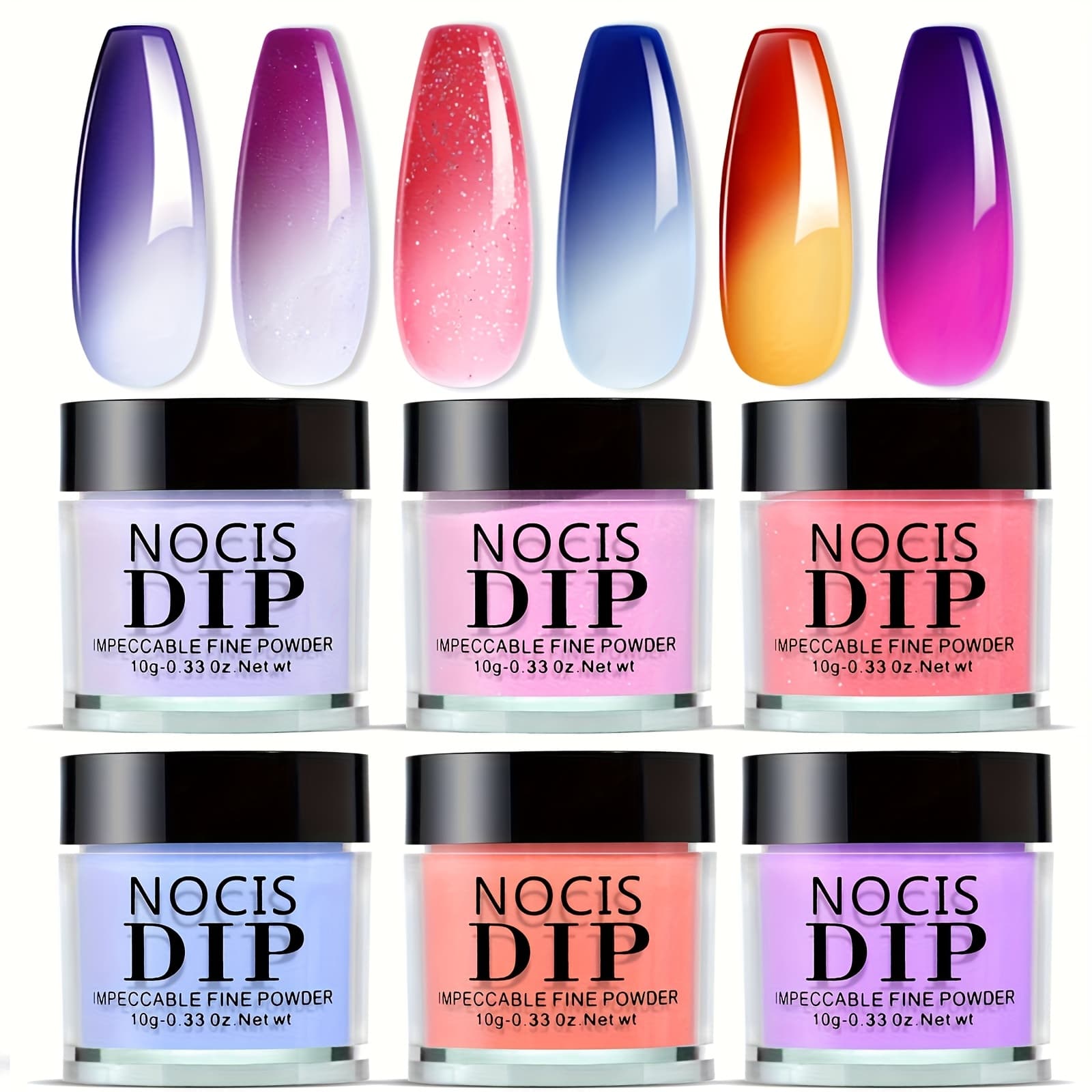 TEMU 6pcs Color Changing Dip Powder Nail Set | Blue White Glitter Ombre, Cold Warm Temperature Mood Change, No Nail Lamp Cured, Multicolor, Brand: Hl