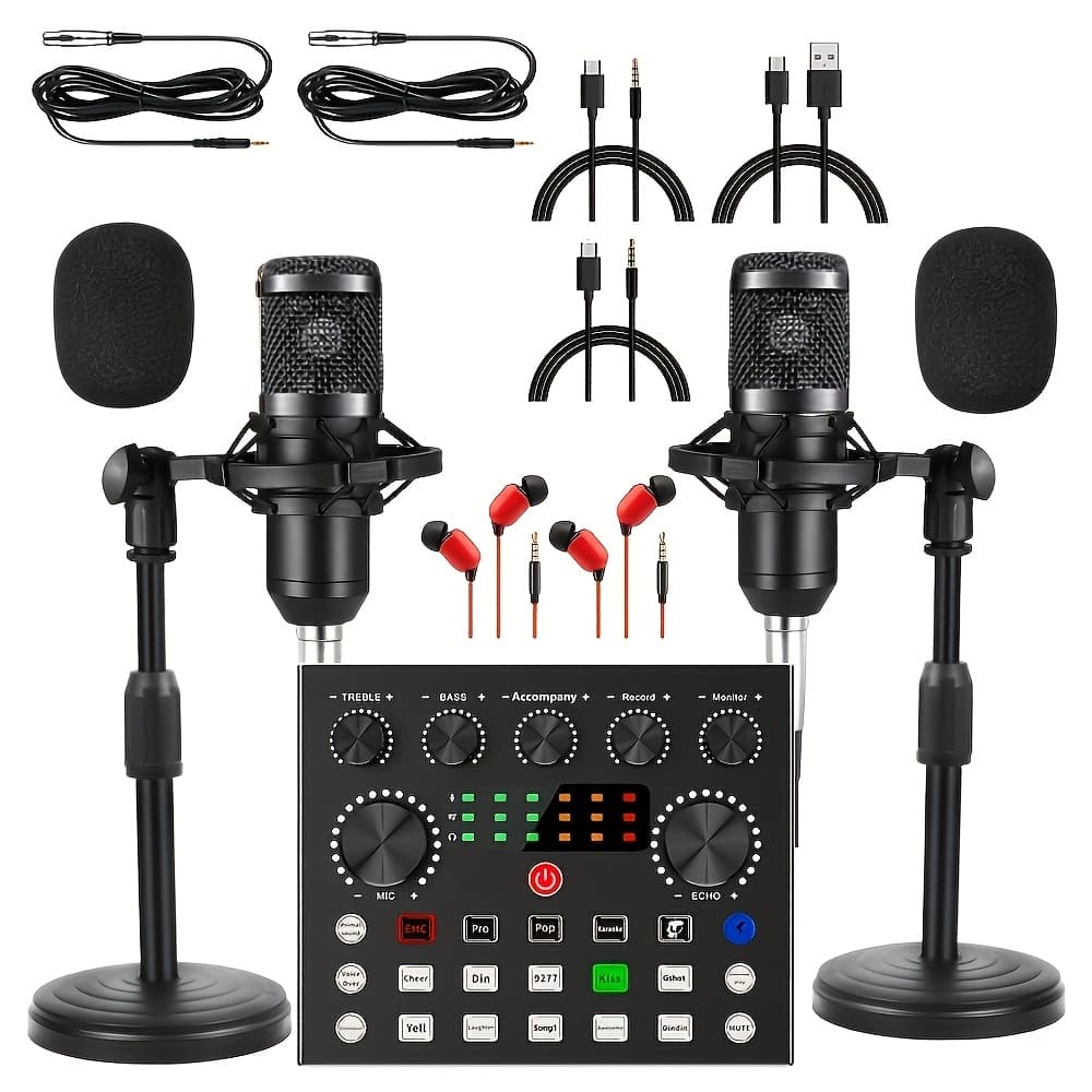 TEMU Podcast Equipment Bundle For 2, Wired Microphone, V8s Audio Interface With All In 1 Live Sound Card And , Podcast Microphone, Perfect For Recording, Live Streaming