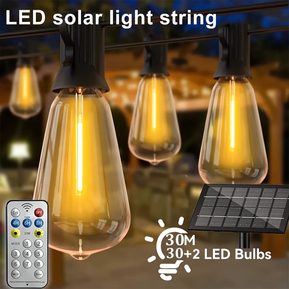 TEMU 200ft/100ft/50ft Led Outdoor Solar Yard Light - Shatterproof St38 Retro Edison Bulb, Exterior Hanging Lantern For Porch, Deck, Garden, Backyard, Balcony, Warm White Light With Replacement Bulb