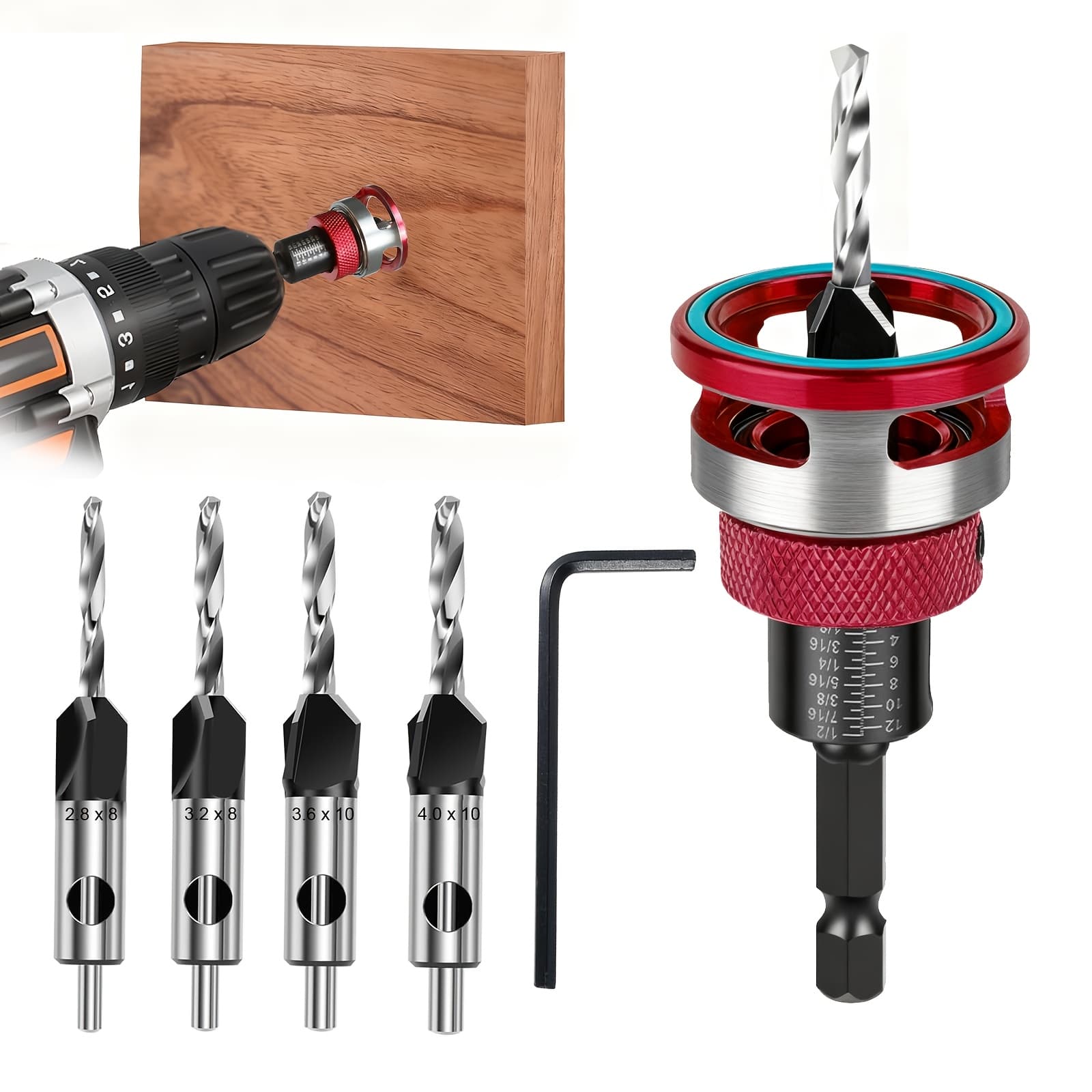 TEMU Four-edge Countersink Drill, Adjustable Depth Step Hidden Screw Countersink, Durable Metalworking Tools, For Screw Installation Drilling, Wood Countersink Bit Set For Wood, Plastic, Woodworking