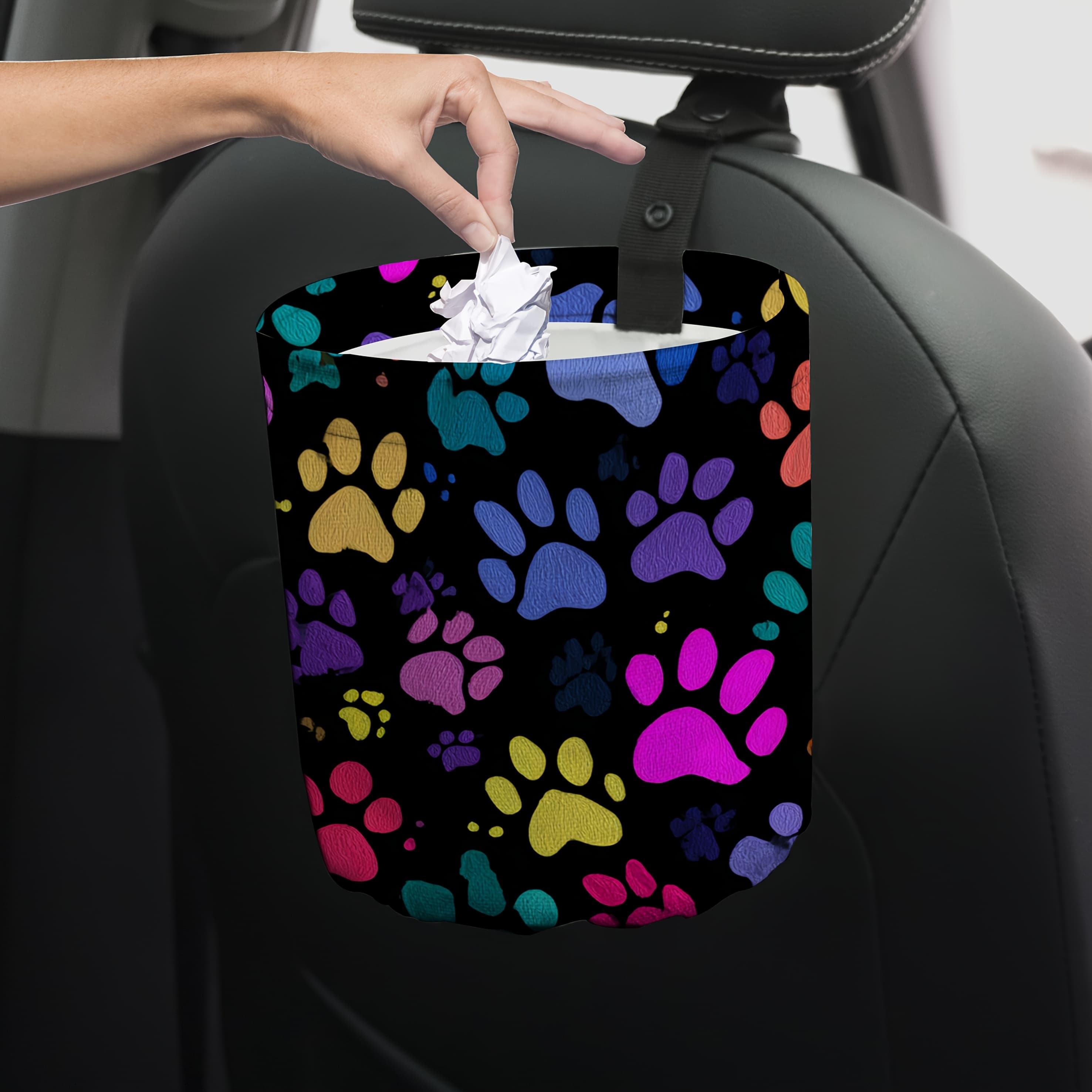 TEMU Vibrant Paw Print Design On A Collapsible Trash Bin For Cars, Suitable For Automotive Waste Disposal And Storage For Front And Back Seat Additions, Perfect For Use In Vehicles, Offices, Or Homes