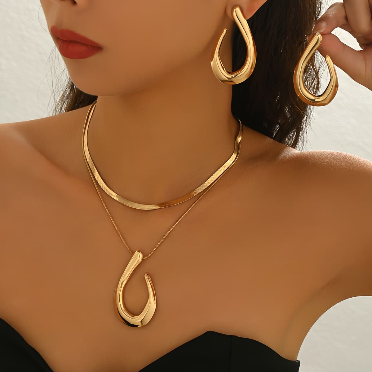 TEMU 2pcs Set, Irregular Geometric Double-layered Stacking Style, European And American Temperament, Elegant And Fashionable Earrings And Pendant Necklace Set