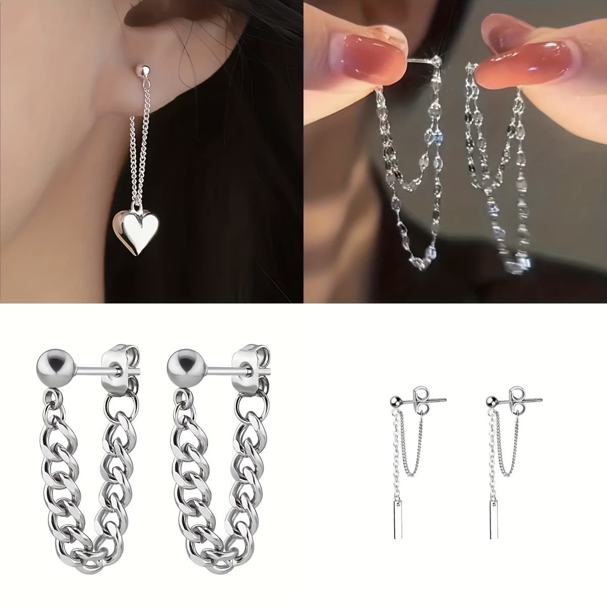 TEMU 4 Pair Silvery Heart Chain Design Earrings, Hypoallergenic Party Additions Gift, Heart Stud Earrings Set