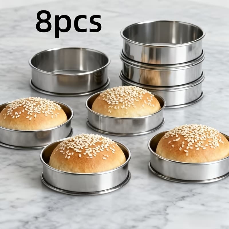 TEMU Set Of 8 Stainless Steel Baking Rings, 4 Inches In Diameter - Double-sided For Rolling Edges, Perfect For Making Burgers, Pancakes, And Scones