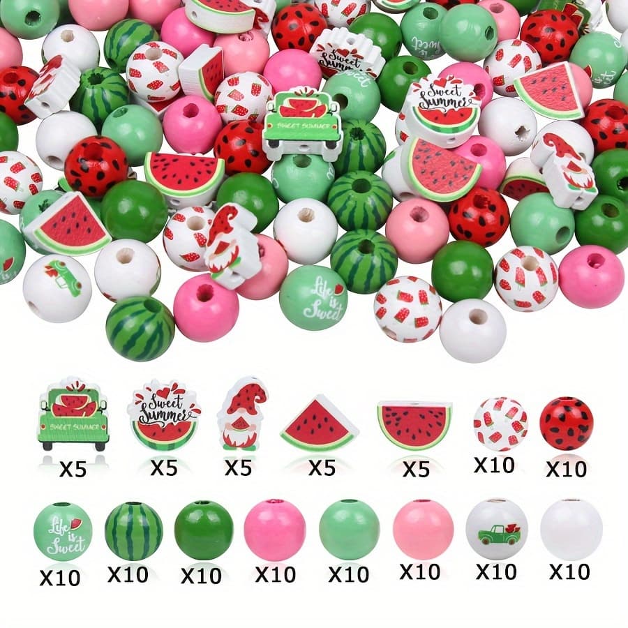 TEMU Efrey 125pc Watermelon Wood Beads, Used For Handicrafts, Round Fruit Colored Summer Wood Beads, Used For Handicrafts Bracelet Necklace Making