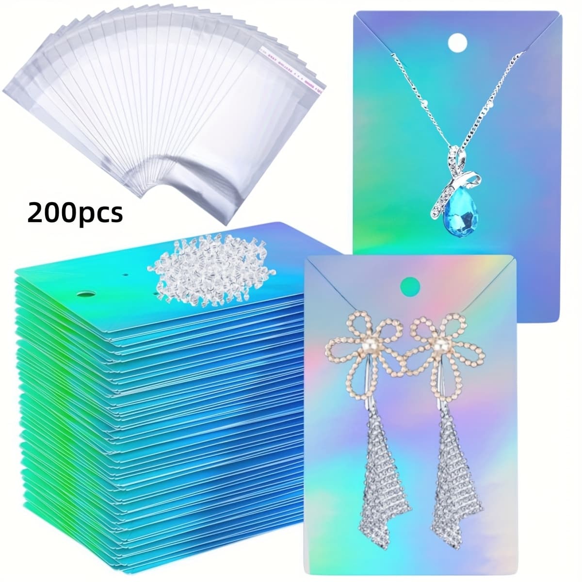 TEMU 200pcs Holographic Earring Card For Diy Earring Necklace Jewelry Display, 50pcs Earring Card With 50pcs Bags And 100pcs Rubber Earring Back