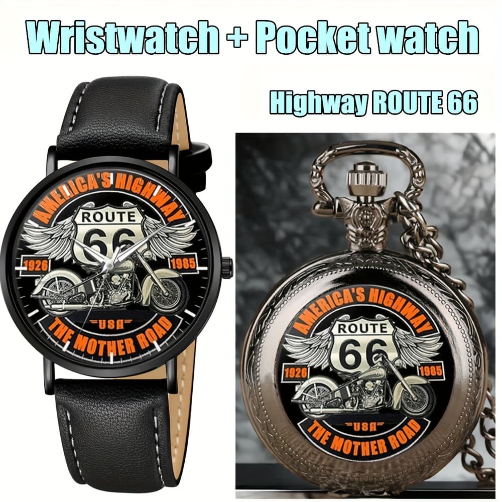TEMU 2pcs/set, Watch And Pocket Watch Combination Set, Creative Motorcycle Element Combination Watch, Us Highway Mother Road, Travel Souvenir (1 Watch + 1 Pocket Watch)